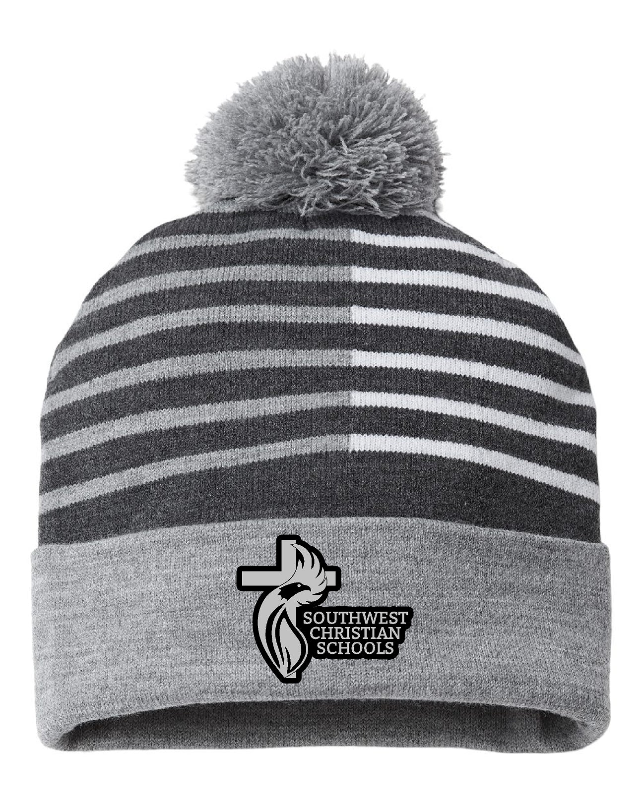 Heather and White Beanie with pom pom