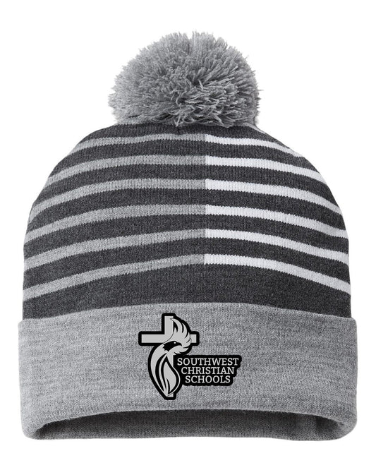 Heather and White Beanie with pom pom
